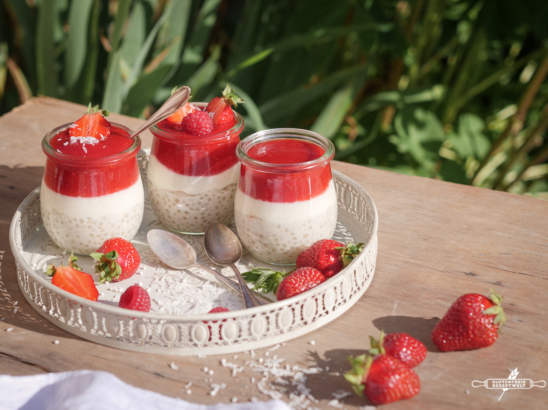 Tapioka-Perlen Pudding mit Kokosjoghurt und Erdbeer-Himbeerpüree ...