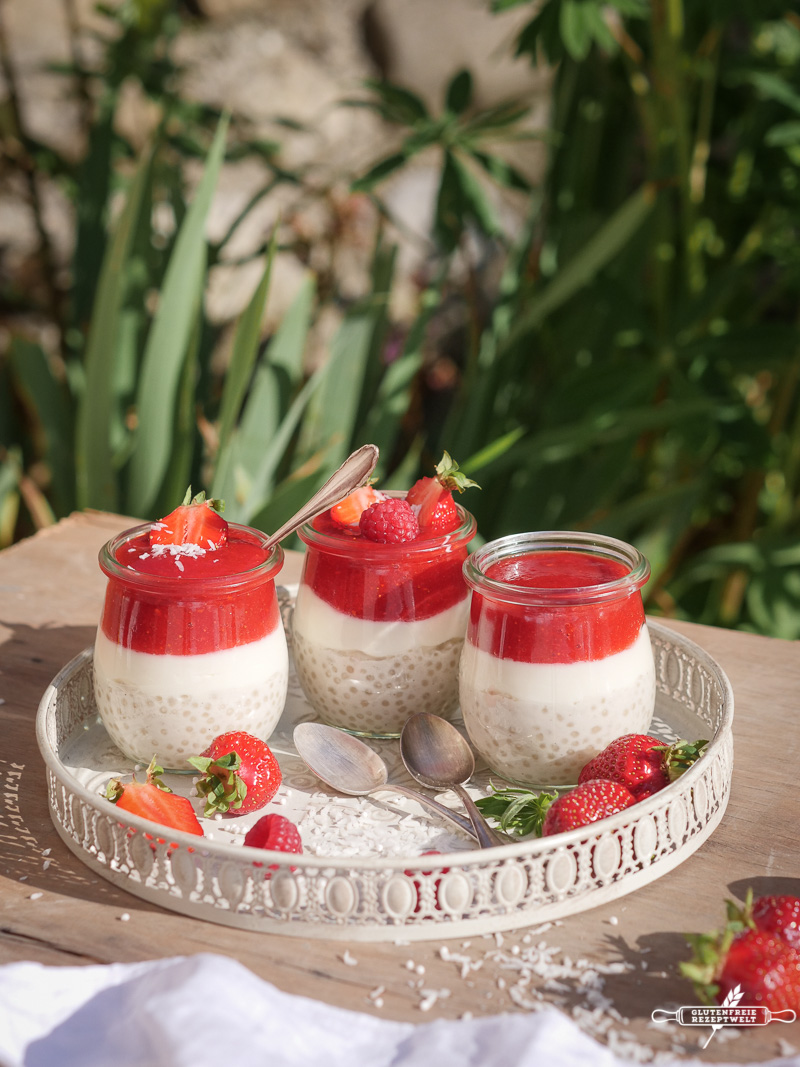 Tapioka-Perlen Pudding mit Kokosjoghurt und Erdbeer-Himbeerpüree ...